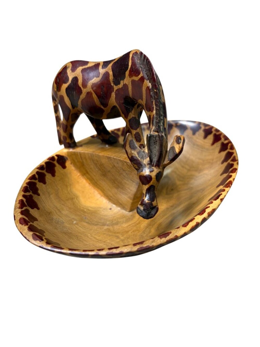 African Carved Wooden Giraffe Trinket Dish Catchall Safari Decor 7” x 4”